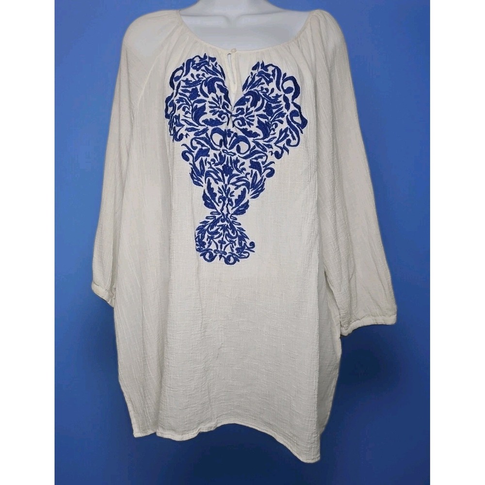 White Boho Linen-Look Blue Embroidered Tunic Top 24W‎ Women Resort Vacay  #124